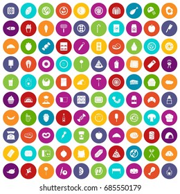 100 delicious dishes icons set in different colors circle isolated vector illustration