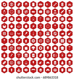 100 delicious dishes icons set in red hexagon isolated vector illustration