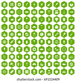 100 delicious dishes icons set in green hexagon isolated vector illustration