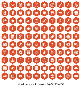 100 delicious dishes icons set in orange hexagon isolated vector illustration