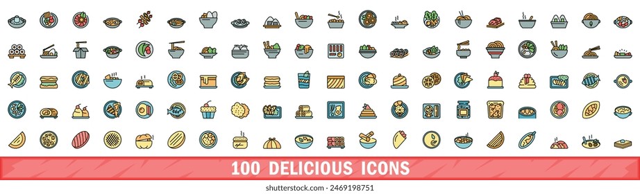 100 delicious icons set. Color line set of delicious vector icons thin line color flat on white