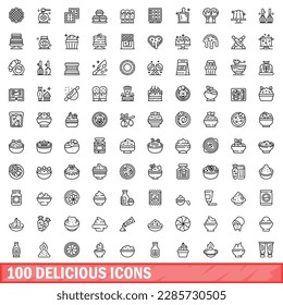 100 delicious icons set. Outline illustration of 100 delicious icons vector set isolated on white background