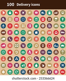 100 delivery icons, brown background 