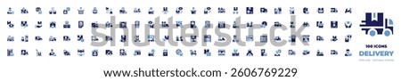 100 Delivery Icons Collection. Bold style. Duotone colors. deliveryman, deliverytime, delivery, deliverybox, fooddelivery, bulb, time, truck, deliverytruck.