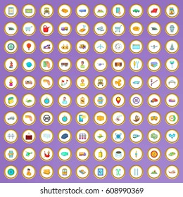 100 delivery icons set in cartoon style on purple background vector illustration