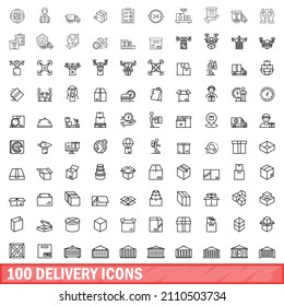 100 delivery icons set. Outline illustration of 100 delivery icons vector set isolated on white background