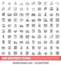 100 delivery icons set. Outline illustration of 100 delivery icons vector set isolated on white background