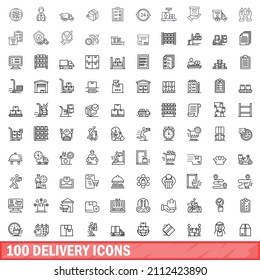 100 delivery icons set. Outline illustration of 100 delivery icons vector set isolated on white background