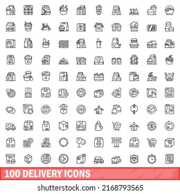 100 delivery icons set. Outline illustration of 100 delivery icons vector set isolated on white background