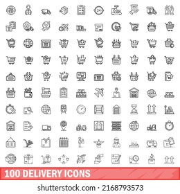 100 delivery icons set. Outline illustration of 100 delivery icons vector set isolated on white background