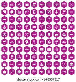 100 delivery icons set in violet hexagon isolated vector illustration