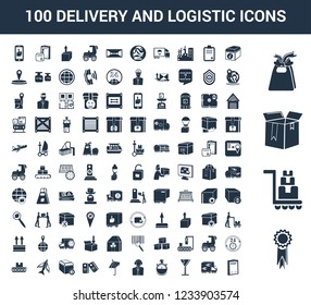 100 Delivery and Logistic universal icons set with Certificate, Trolley, Package, Gift, truck, Fragile, Stopwatch, Customer service, Umbrella