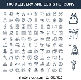 100 Delivery and Logistic universal linear icons set with Certificate, Trolley, Package, Gift, truck, Fragile, Stopwatch, Customer service, Umbrella