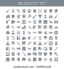 100 dentist universal icons pack with Tooth whitening, Hospital, Stethoscope, Sick boy, girl, Dentist chair, Tooth, Crown, Cavities, Girl