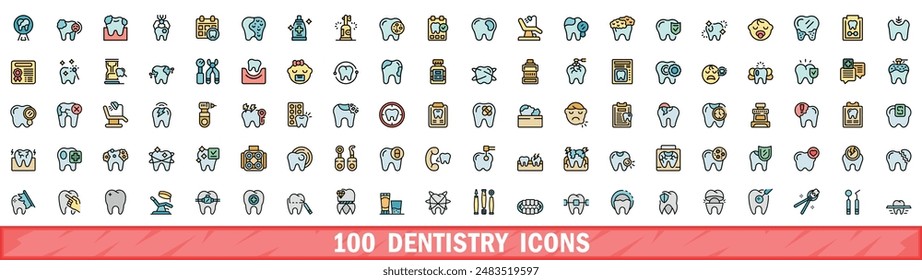 100 iconos de odontología. Conjunto de línea de color de iconos de vectores de odontología línea delgada color plana sobre blanco