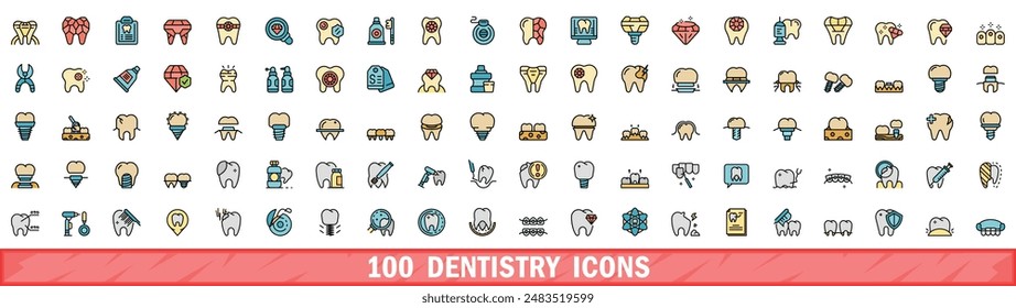 100 iconos de odontología. Conjunto de línea de color de iconos de vectores de odontología línea delgada color plana sobre blanco