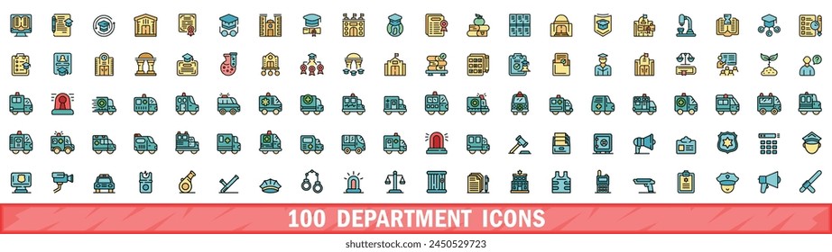 100 iconos de departamento. Conjunto de línea de color de iconos vectoriales de departamento línea fina de color plana en blanco