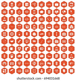 100 department icons set in orange hexagon isolated vector illustration