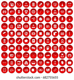 100 department icons set in red circle isolated on white vector illustration