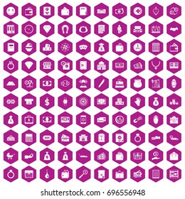 100 deposit icons set in violet hexagon isolated vector illustration