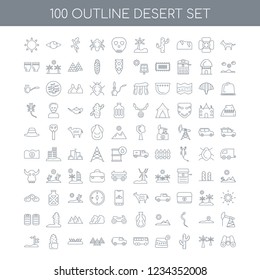 100 desert universal icons set with Horse linear, Palm Cactus Map Bus Car Pyramid Grass 