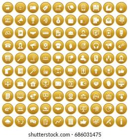 100 desk icons set in gold circle isolated on white vectr illustration