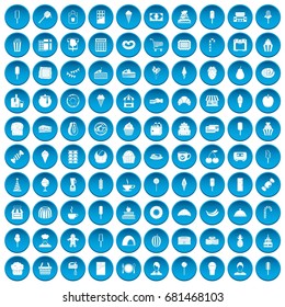 100 dessert icons set in blue circle isolated on white vector illustration