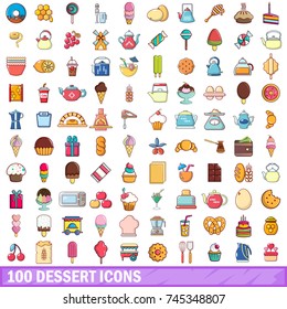 100 dessert icons set. Cartoon illustration of 100 dessert vector icons isolated on white background
