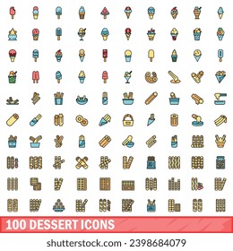 100 dessert icons set. Color line set of dessert vector icons thin line color flat on white
