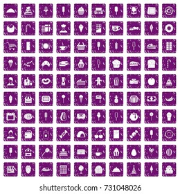 100 dessert icons set in grunge style purple color isolated on white background vector illustration