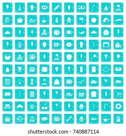 100 dessert icons set in grunge style blue color isolated on white background vector illustration