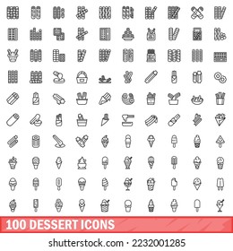 100 dessert icons set. Outline illustration of 100 dessert icons vector set isolated on white background