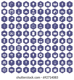 100 dessert icons set in purple hexagon isolated vector illustration