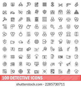 100 detective icons set. Outline illustration of 100 detective icons vector set isolated on white background