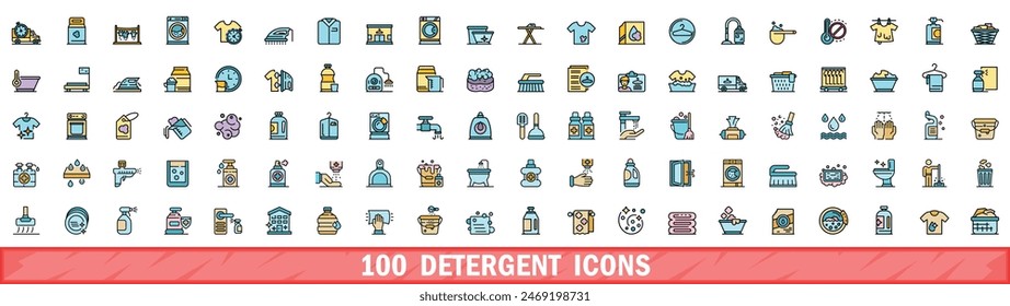 100 iconos de detergente. Conjunto de línea de color de iconos vectoriales de detergente línea fina color plana en blanco