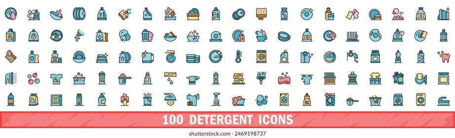 100 detergent icons set. Color line set of detergent vector icons thin line color flat on white