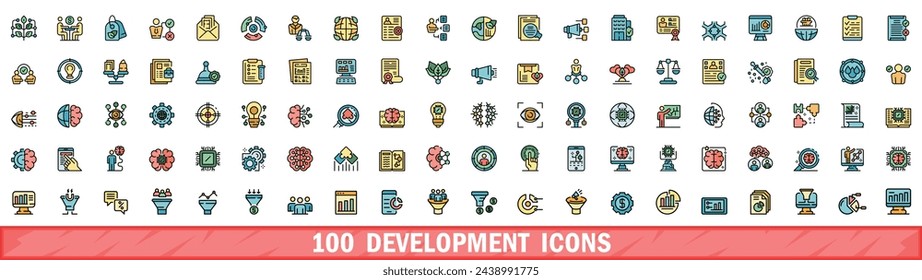 100 development icons set. Color line set of development vector icons thin line color flat on white