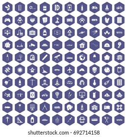 100 development icons set in purple hexagon isolated vector illustration