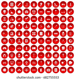 100 development icons set in red circle isolated on white vector illustration
