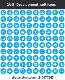 100 development, soft icons, blue circle background 