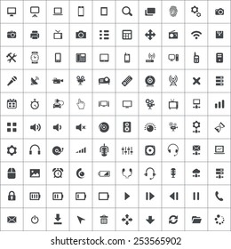 100 device icons, black on square gray background 