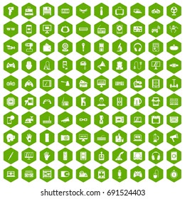 100 device icons set in green hexagon isolated vector illustration