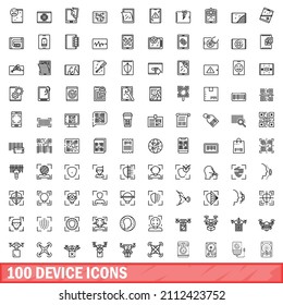 100 device icons set. Outline illustration of 100 device icons vector set isolated on white background