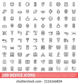 100 device icons set. Outline illustration of 100 device icons vector set isolated on white background