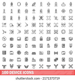 100 iconos de dispositivo. Ilustración de esquema de 100 iconos de dispositivo conjunto de vectores aislado en fondo blanco