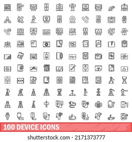 100 iconos de dispositivo. Ilustración de esquema de 100 iconos de dispositivo conjunto de vectores aislado en fondo blanco
