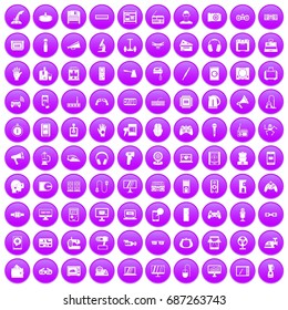 100 device icons set in purple circle isolated on white vector illustration