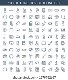 100 device icons. Trendy device icons white background. Included outline icons such as laptop connection, web camera, telescope, home on phone display. device icon for web and mobile.