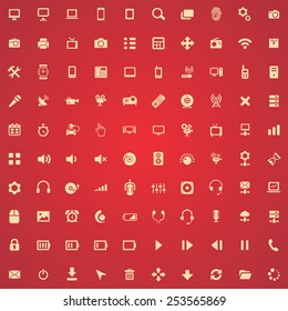 100 device icons, yellow on red background 