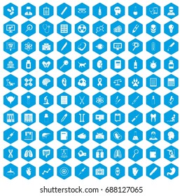 100 diagnostic icons set in blue hexagon isolated vector illustration